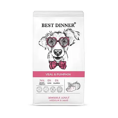 Best Dinner сухой корм для взрослых собак средних и крупных пород с чувствительным пищеварением, телятина и тыква